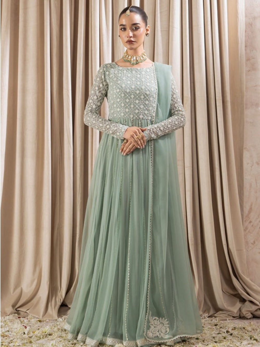 Embroidered Long Sleeve Mint Green Anarkali Dress with Dupatta